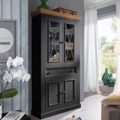 Wohnen Country Vitrinenschrank in Grau & Eichefarben - Ustricia