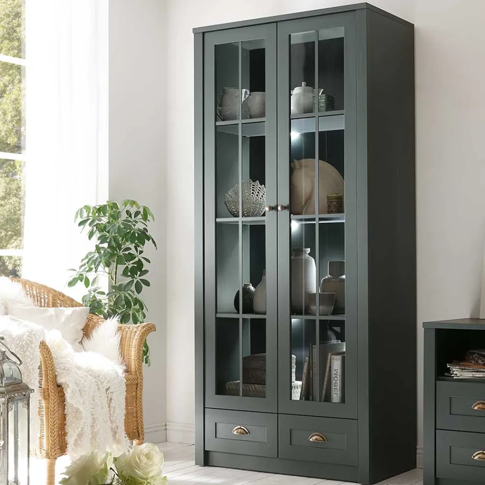 Wohnen Country Vitrinenschrank in Dunkelgrün - Niestov