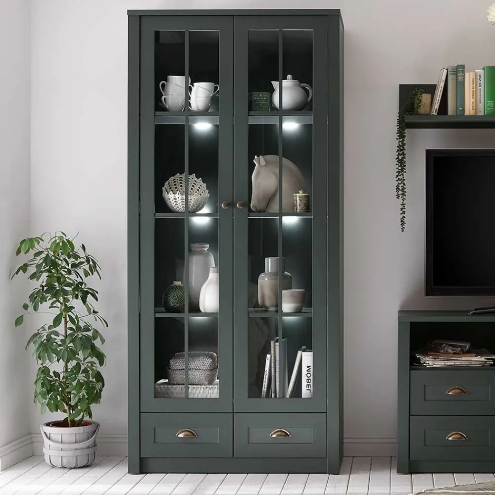 Wohnen Country Vitrinenschrank in Dunkelgrün - Niestov