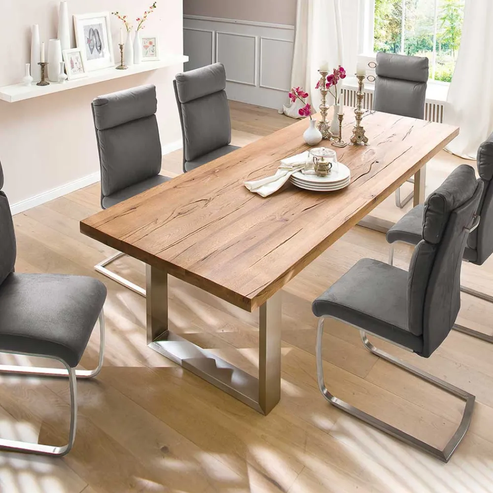 Wohnen Graue Möbel|Küchentische*Design Esszimmertisch mit Holz Eiche dunkel Venditora & Edelstahl