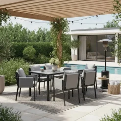 Wohnen Glasmöbel|Balkonmöbel*Design Garten-Essgruppe in Grau & Schwarz - Geraldine (siebenteilig)