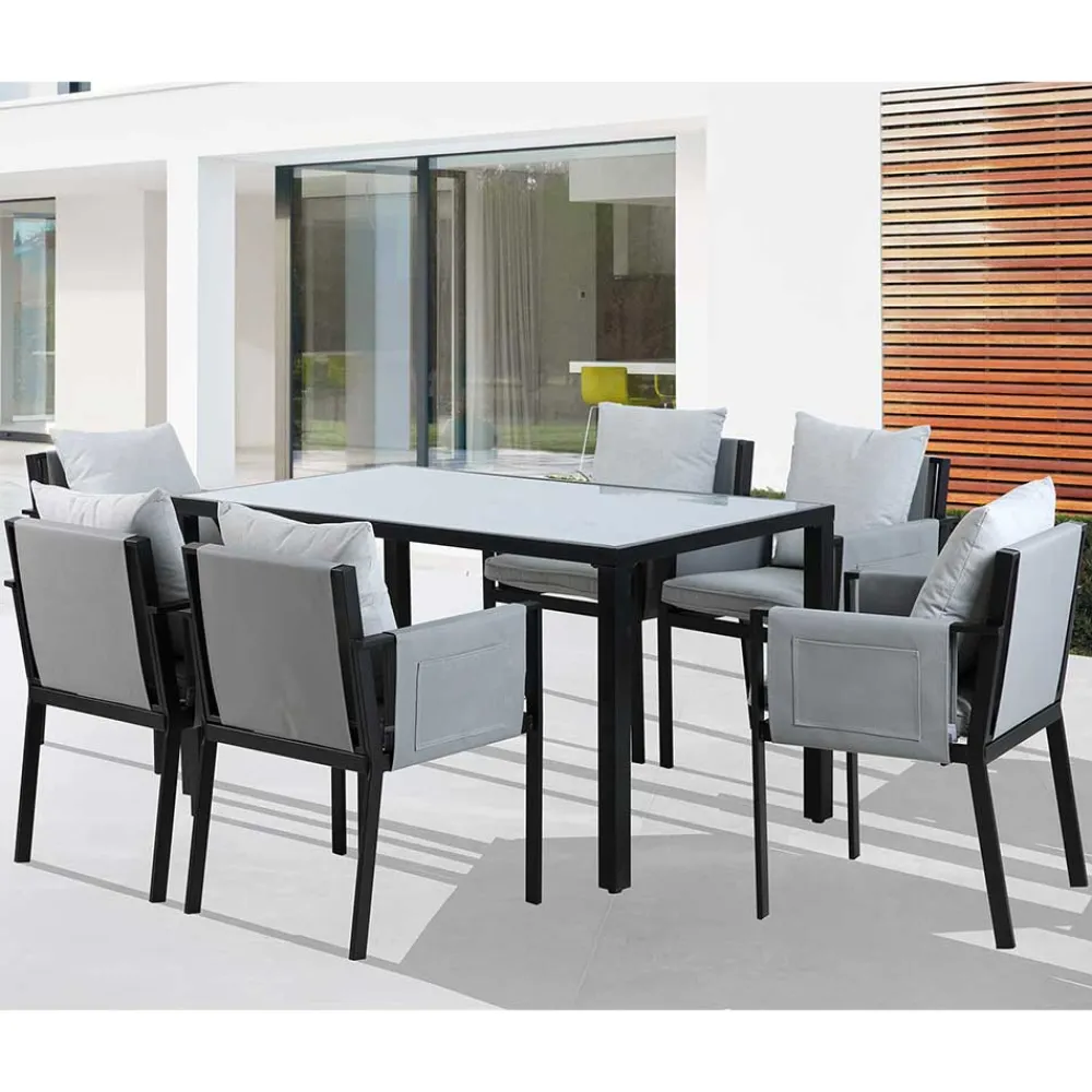 Wohnen Glasmöbel|Balkonmöbel*Design Garten-Essgruppe in Grau & Schwarz - Geraldine (siebenteilig)