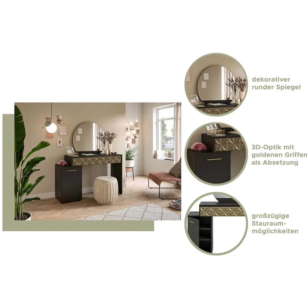 Wohnen Design Schminktisch in Schwarz und Gold - Madrilena