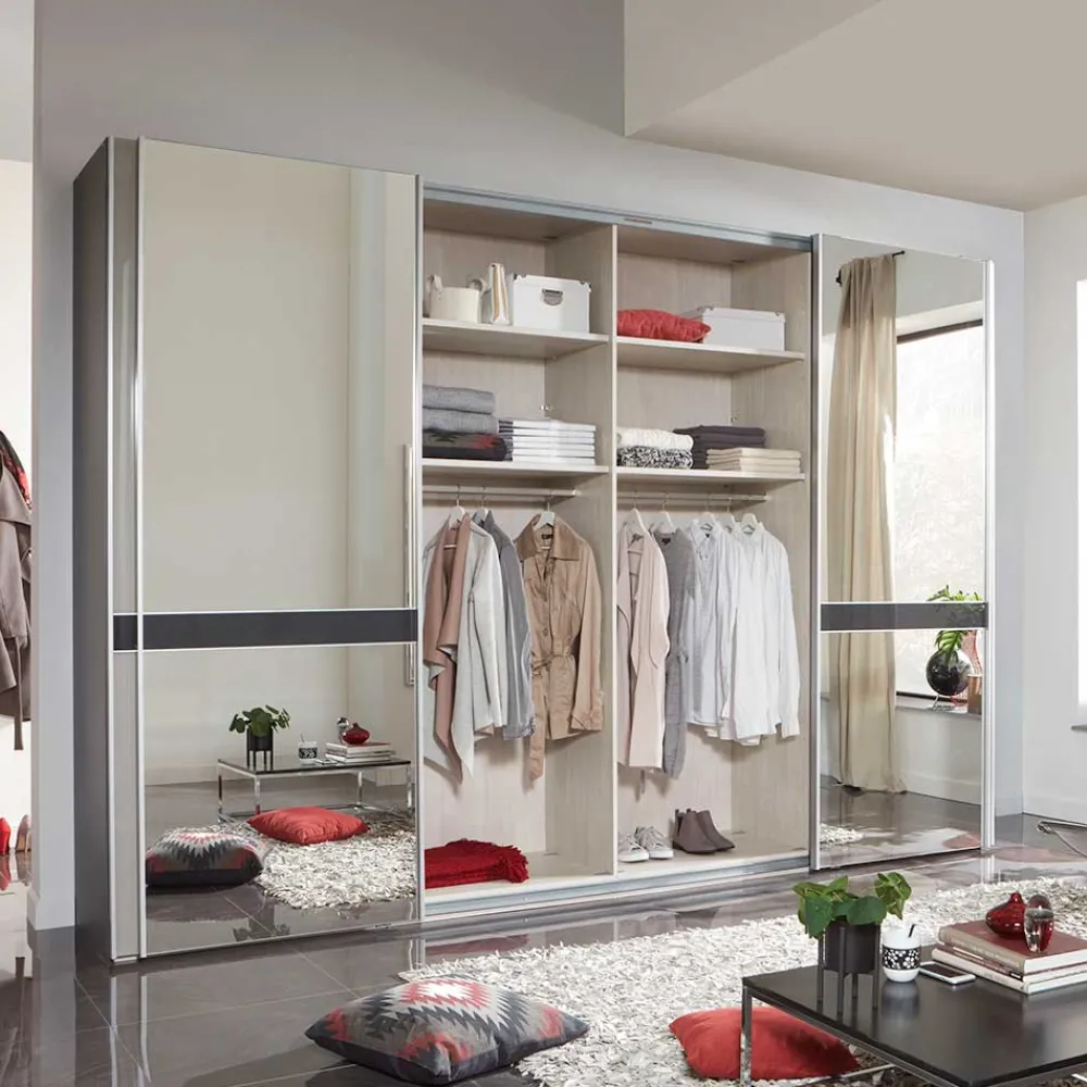 Wohnen Design Schrank mit Spiegel & Glas Front Hellgrau - Capolyna