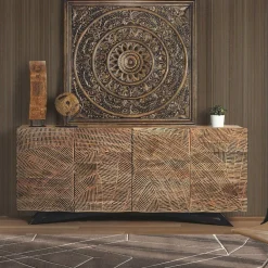 Wohnen Design Sideboard aus Akazienholz mit Schnitzerei - Merlan