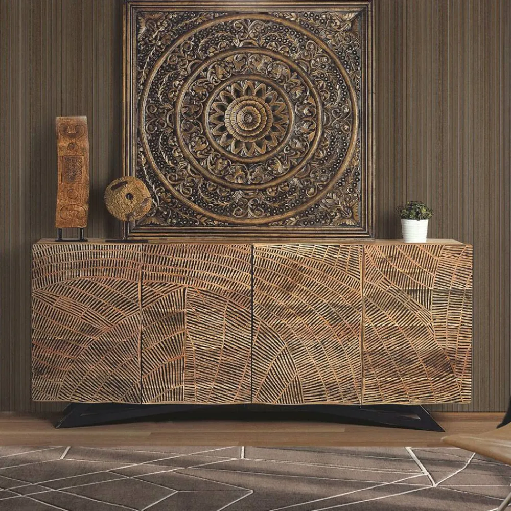 Wohnen Design Sideboard aus Akazienholz mit Schnitzerei - Merlan