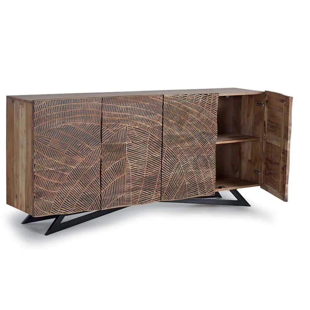 Wohnen Design Sideboard aus Akazienholz mit Schnitzerei - Merlan