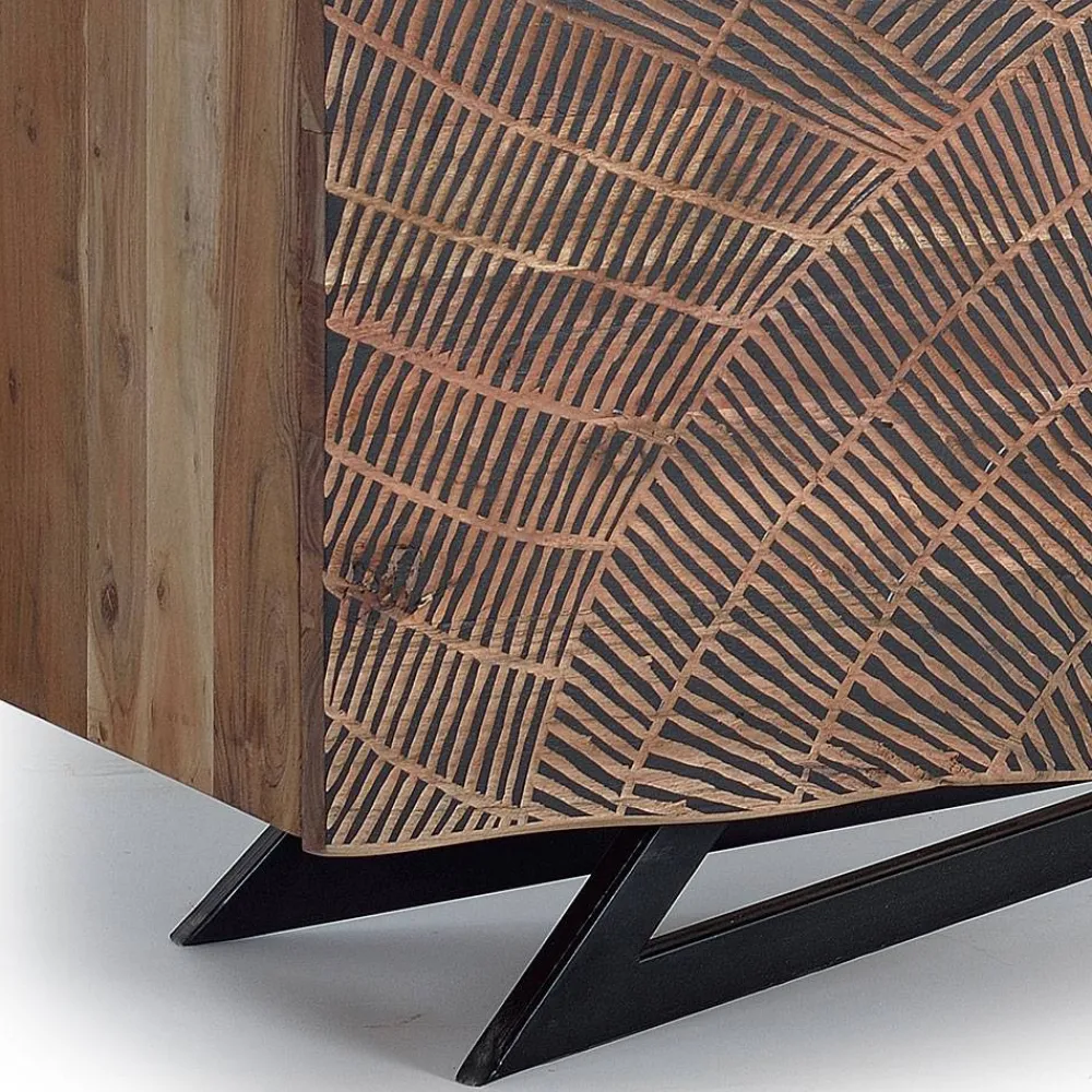 Wohnen Design Sideboard aus Akazienholz mit Schnitzerei - Merlan