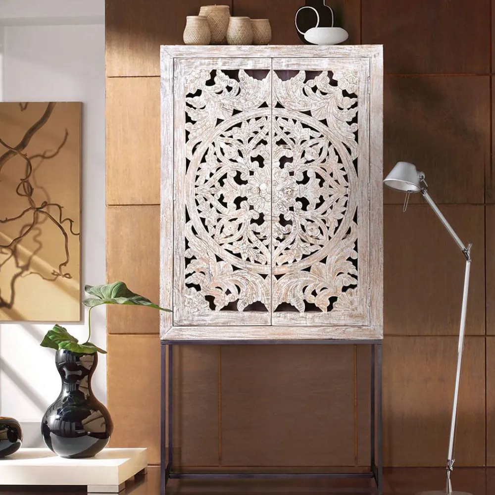 Wohnen Design Vintageschrank in White Wash Mangoholz - Fudorus