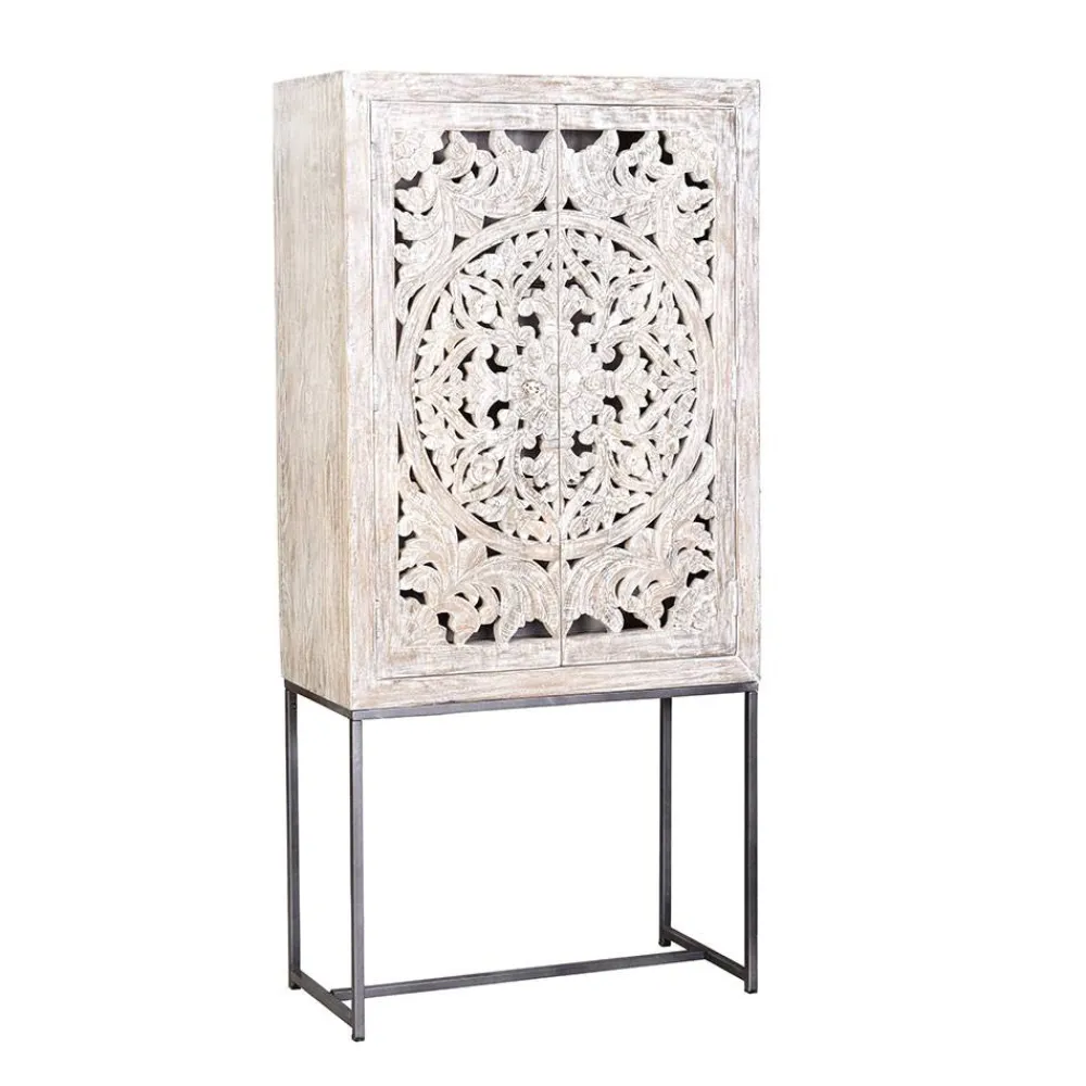 Wohnen Design Vintageschrank in White Wash Mangoholz - Fudorus