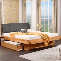 Wohnen Graue Möbel|Naturholzmöbel*Design-Balkenbett mit Polsterkopfteil - Kalastania
