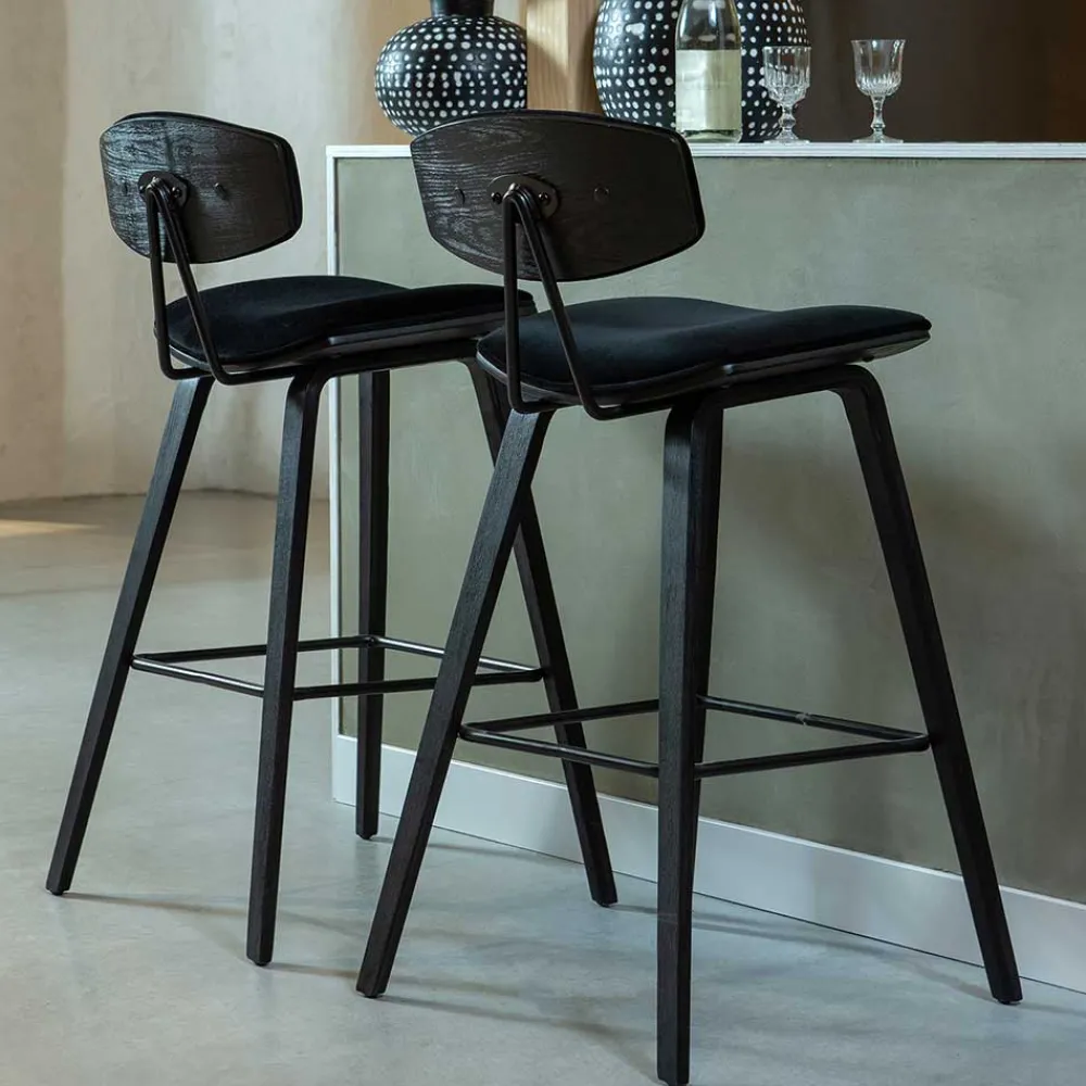 Wohnen Designer Barstuhl in Schwarz Samt - Laccaro (2er Set)
