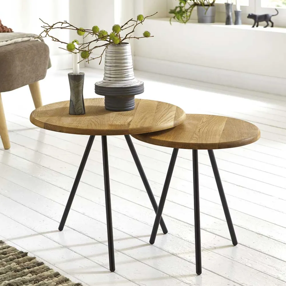 Wohnen Schwarze Möbel|Naturholzmöbel*Dreibein Beistelltisch mit Holzplatte aus Eiche - Berga