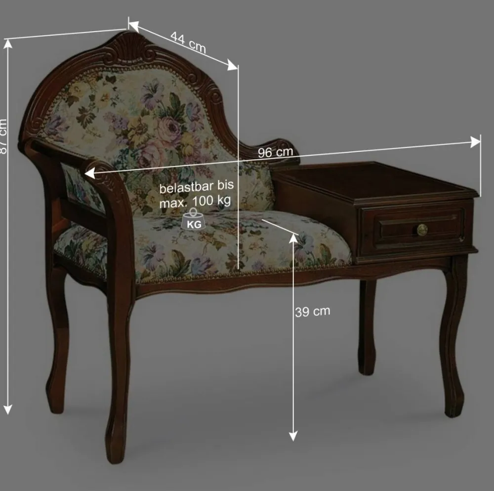 Wohnen Schuhschränke|Garderobenbänke*Dunkle Telefonbank im Barock Stil Magari mit floralem Muster