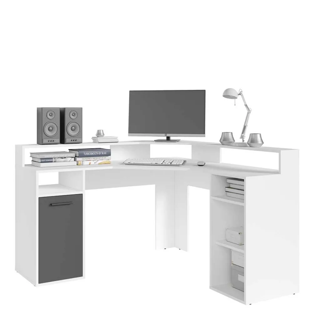 Wohnen Eck-Computertisch in Weiß mit Anthrazit - Leoyaro