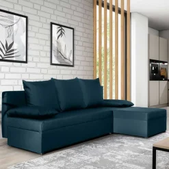 Wohnen Ecksofa mit Bettfunktion in Dunkelblau Velours - Sempore