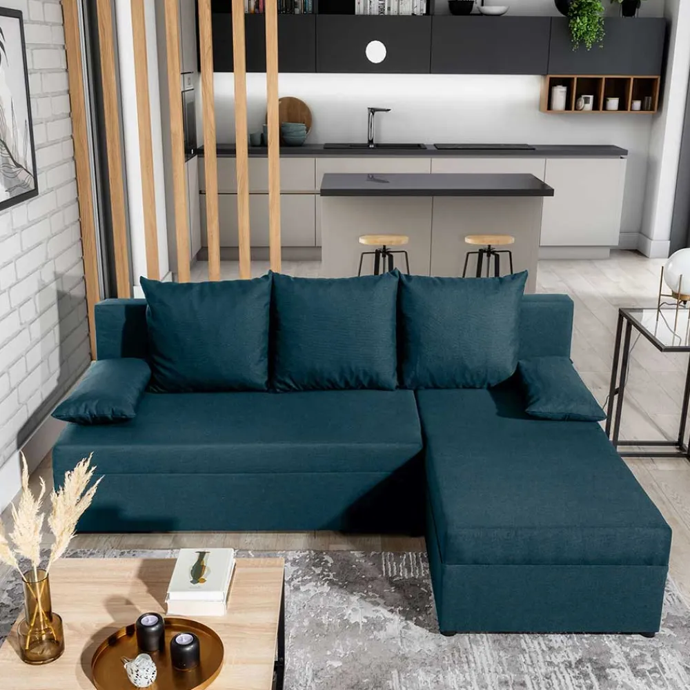 Wohnen Ecksofa mit Bettfunktion in Dunkelblau Velours - Sempore