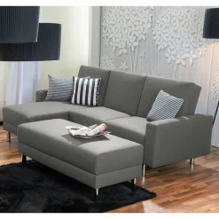 Wohnen Sofas|Sofa*Ecksofa mit Hocker in Hellgrau mit Chrom - Setians (zweiteilig)