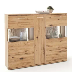 Wohnen Esszimmerschränke|Highboards*Eiche Bianco Highboard mit Glas-Einsätzen - Crokas