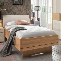 Wohnen Einzelbett mit Kunstleder Kopfteil in Beige - Emdsiva