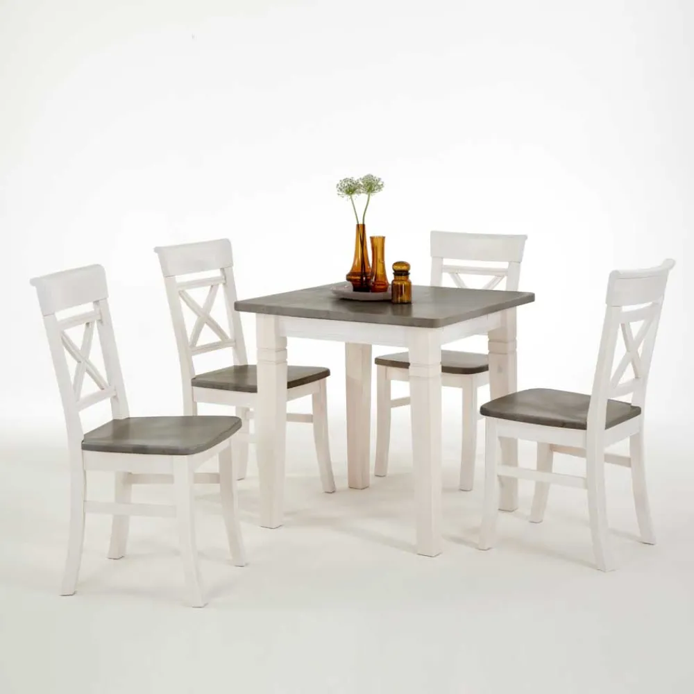 Wohnen Küchen-Essgruppen|Esszimmer Komplett*Esstischgruppe Yoan in Weiß Grau Landhaus (fünfteilig)