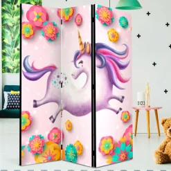 Kinder Wohnen Faltbarer Paravent mit Einhorn & Blumen Motiv - Odangelo