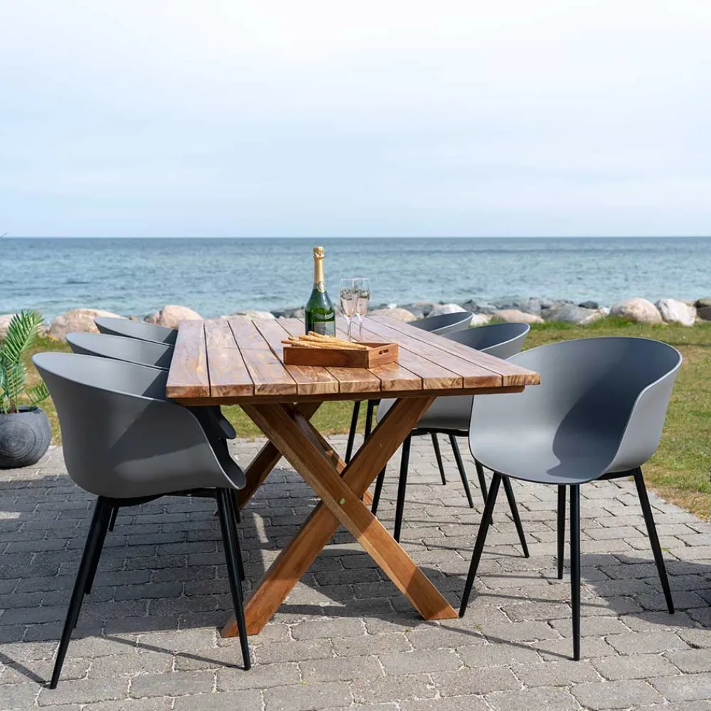 Wohnen Schwarze Möbel|Balkonmöbel*Garten Essgruppe mit Holztisch - Waronka (siebenteilig)