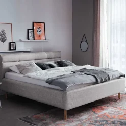 Wohnen Skandinavische Möbel|Jugendbetten*Gepolstertes Stauraumbett in Grau Stoff - Puni