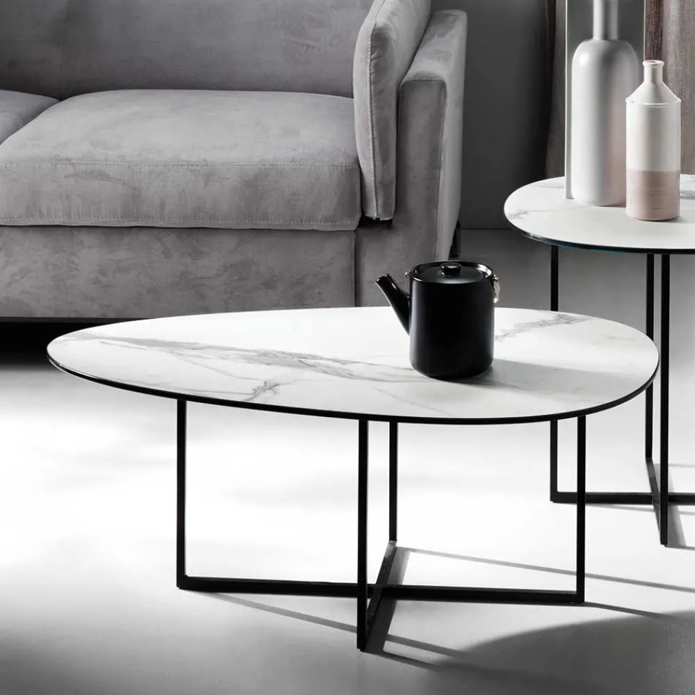 Wohnen Glas Wohnzimmertisch in Marmor Optik - eiförmig - Lampione