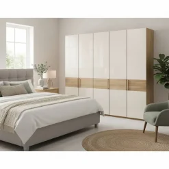 Wohnen Naturholzmöbel|Kleiderschränke*Glasfront Kleiderschrank in Beige & Eiche - Emdsiva