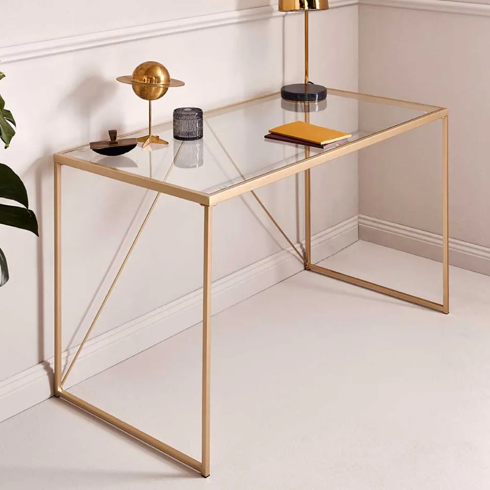 Wohnen Glas-Schreibtisch mit Bügelgestell in Gold - Limgo