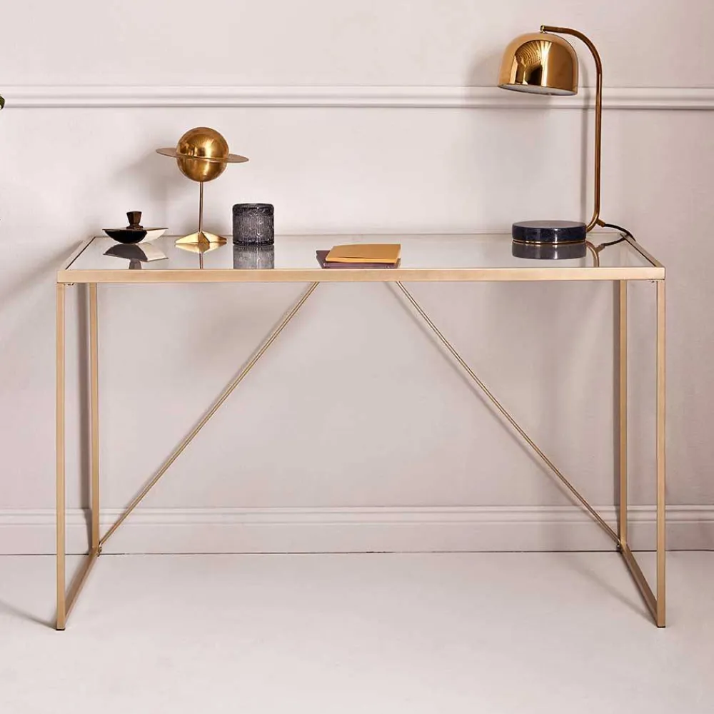 Wohnen Glas-Schreibtisch mit Bügelgestell in Gold - Limgo