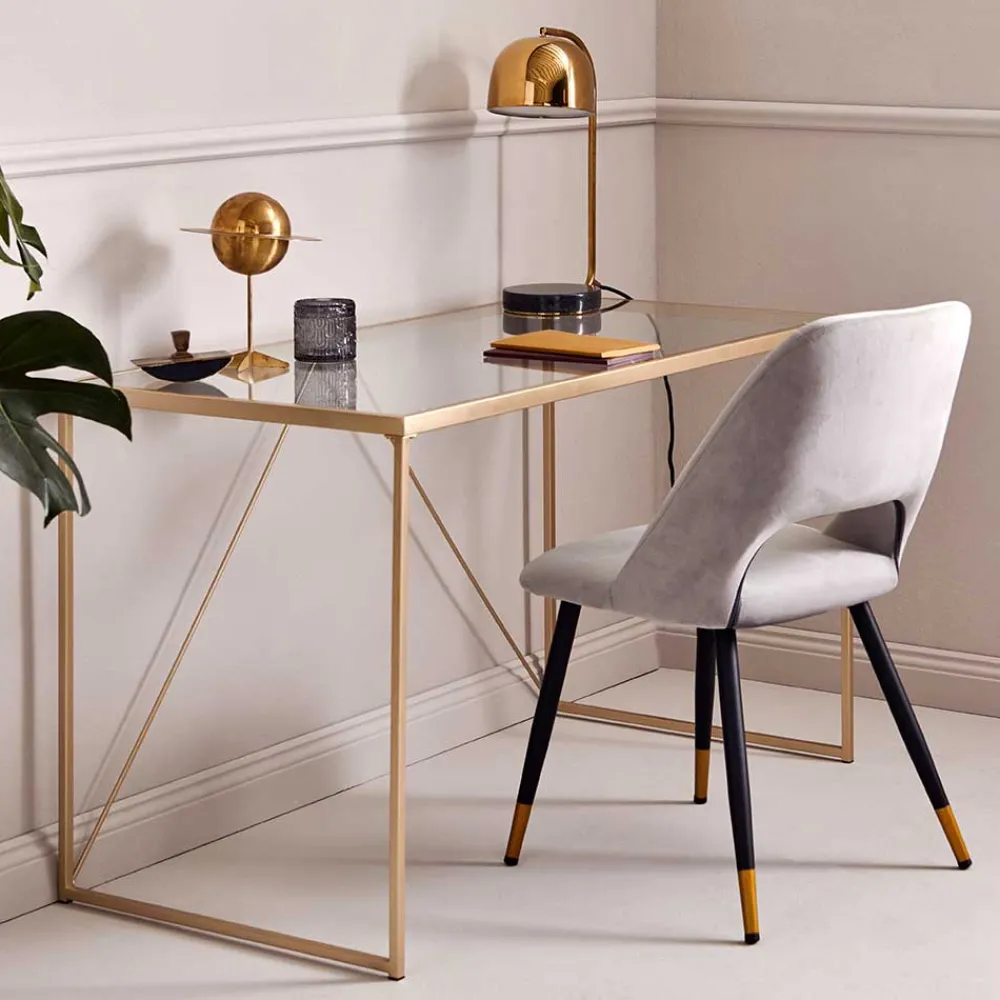 Wohnen Glas-Schreibtisch mit Bügelgestell in Gold - Limgo