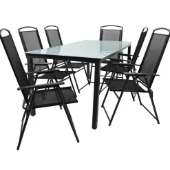 Wohnen Glasmöbel|Rattanmöbel*Glastisch & Klappstühle wetterfest - Cretania (siebenteilig)