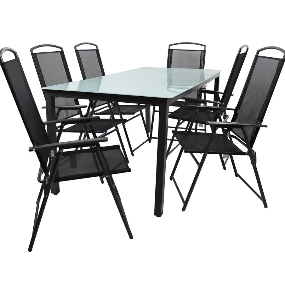 Wohnen Glasmöbel|Rattanmöbel*Glastisch & Klappstühle wetterfest - Cretania (siebenteilig)