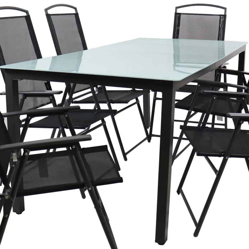 Wohnen Glasmöbel|Rattanmöbel*Glastisch & Klappstühle wetterfest - Cretania (siebenteilig)