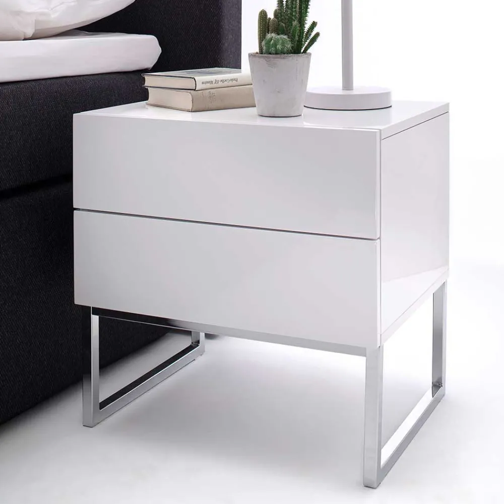Wohnen Günstige Design Nachtkommode in Weiß Merin mit Chrom