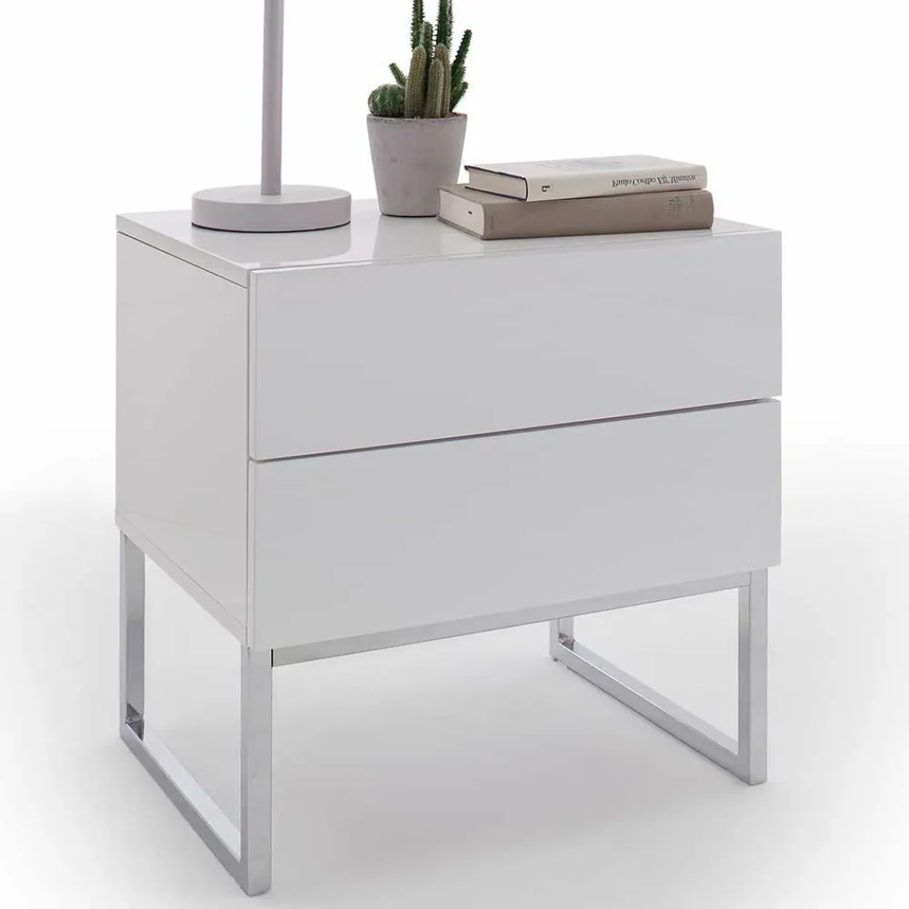 Wohnen Günstige Design Nachtkommode in Weiß Merin mit Chrom