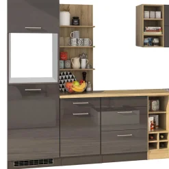 Wohnen Küche Komplett|Küchenzeilen*Graue Hochglanz-Küche mit Regalen - Bozenia (neunteilig)