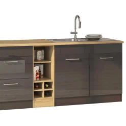 Wohnen Küche Komplett|Küchenzeilen*Graue Hochglanz-Küche mit Regalen - Bozenia (neunteilig)