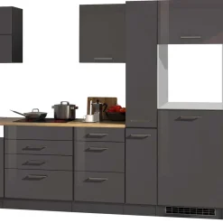 Wohnen Küche Komplett|Küchenzeilen*Grauer Hochglanz Küchenblock 330cm - Bozenia (achtteilig)