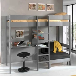 Kinder Wohnen Graues Hochbett mit Schlafsessel - Rienas (zweiteilig)