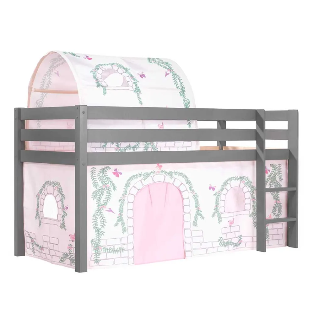 Wohnen Jugendbetten|Kinderbetten*Graues Hochbettgestell mit Spieltunnel & Vorhang - Sercan