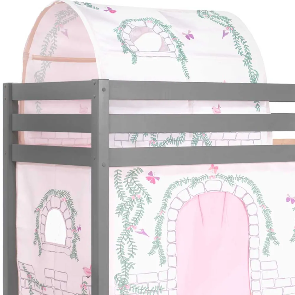 Wohnen Jugendbetten|Kinderbetten*Graues Hochbettgestell mit Spieltunnel & Vorhang - Sercan