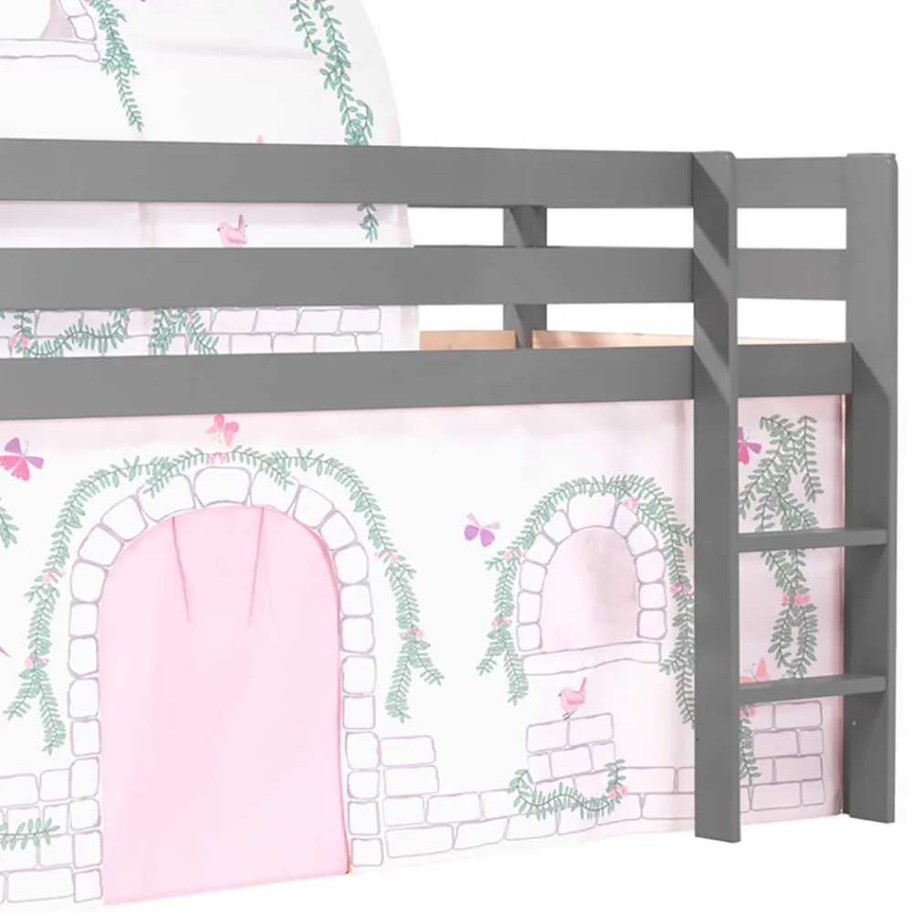 Wohnen Jugendbetten|Kinderbetten*Graues Hochbettgestell mit Spieltunnel & Vorhang - Sercan