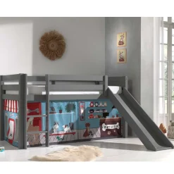Wohnen Kinderbetten*Graues Kinderhochbett mit Spielvorhang Tierladen - Lionca