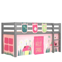 Wohnen Kindermöbel|Kinderbetten*Graues Massivholz-Hochbett mit Vorhang & Taschen - Corsica