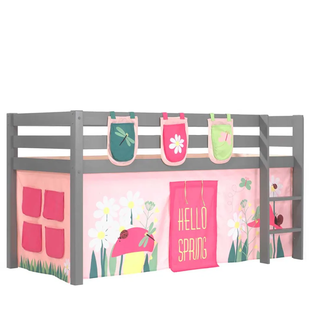 Wohnen Kindermöbel|Kinderbetten*Graues Massivholz-Hochbett mit Vorhang & Taschen - Corsica