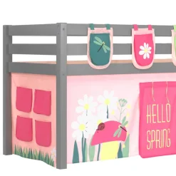 Wohnen Kindermöbel|Kinderbetten*Graues Massivholz-Hochbett mit Vorhang & Taschen - Corsica