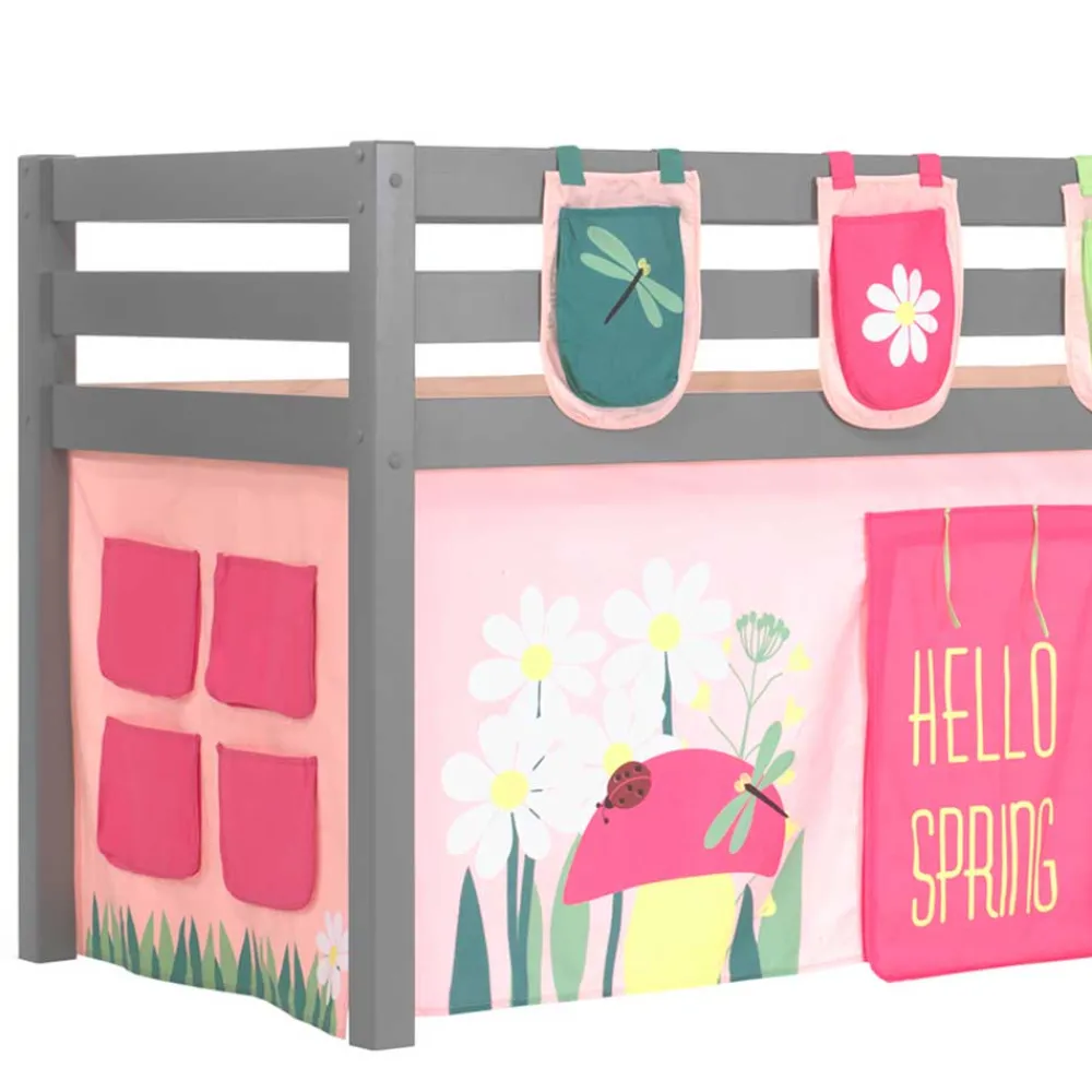 Wohnen Kindermöbel|Kinderbetten*Graues Massivholz-Hochbett mit Vorhang & Taschen - Corsica